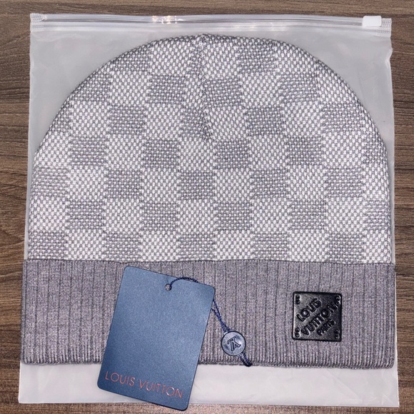 Louis Vuitton Grey Checker Ribbed Cuff Beanie